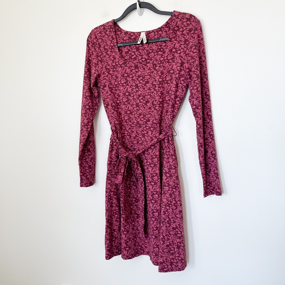 Pact Organic Scoop Neck Fit & Flare Floral Dress Pockets Belt Womens Medium Pink - Picture 2 of 13